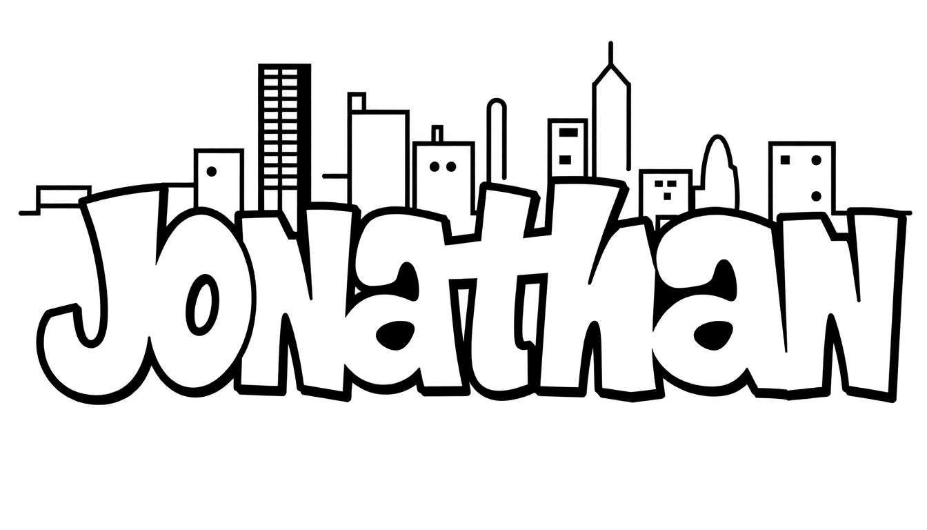 Kleurplaat van de naam JONATHAN in graffiti-stijl met een stadsgezicht, voor kinderen.
