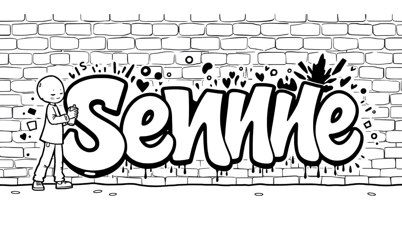 Kleurplaat van een graffiti-kunstenaar die de naam 'Senne' spuit op een bakstenen muur.
