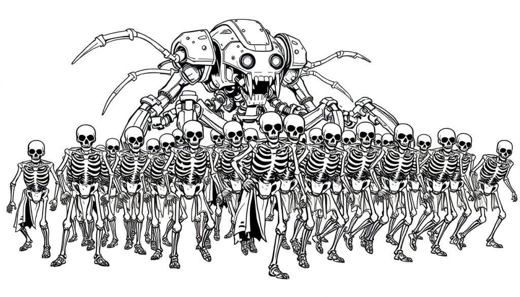 Een zwart-wit kleurplaat van een leger skeletten geleid door een mechanische spin.