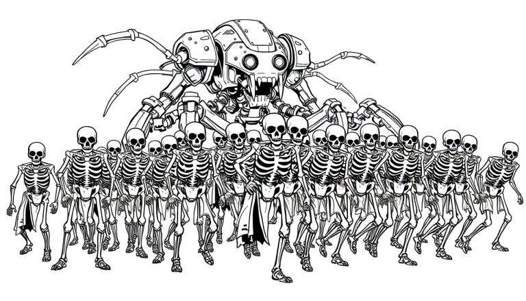 Een zwart-wit kleurplaat van een leger skeletten geleid door een mechanische spin.