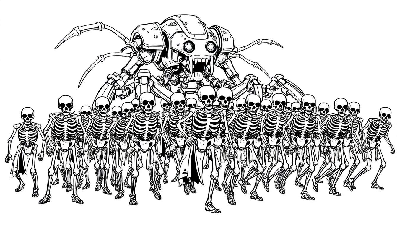 Een zwart-wit kleurplaat van een leger skeletten geleid door een mechanische spin.