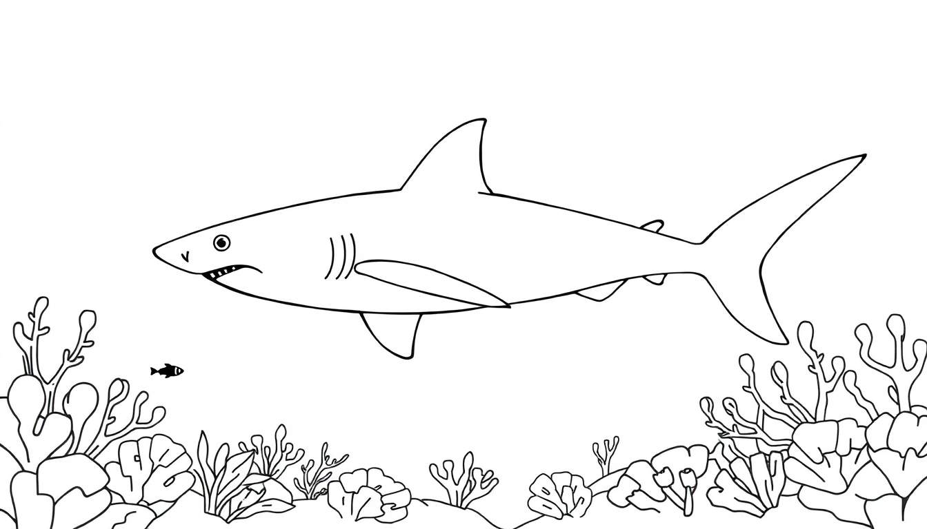 Kleurplaat van een grote witte haai die langs een koraalrif zwemt met een kleine vis.