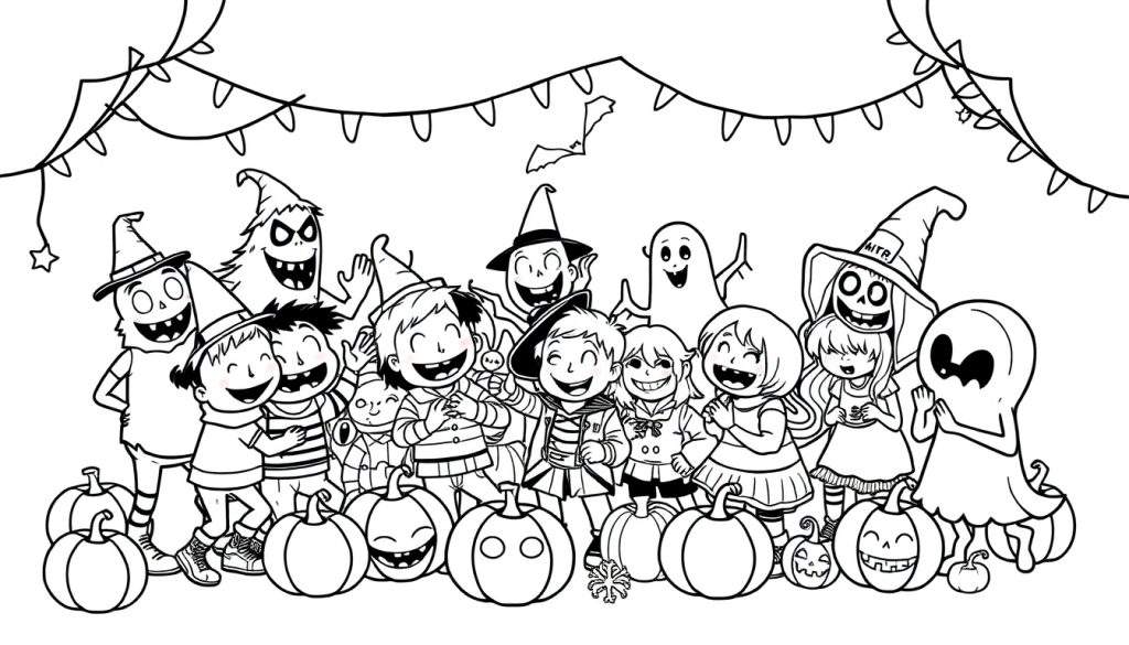 Zwarte en witte kleurplaat van lachende kinderen in Halloweenkostuums met pompoenen en lichtjes.