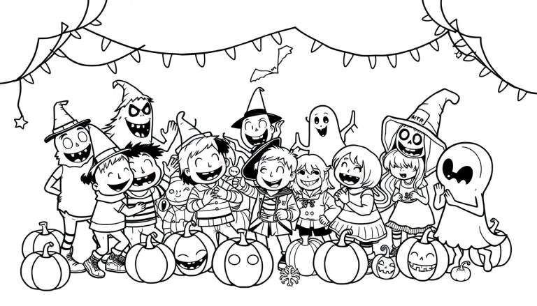 Zwarte en witte kleurplaat van lachende kinderen in Halloweenkostuums met pompoenen en lichtjes.