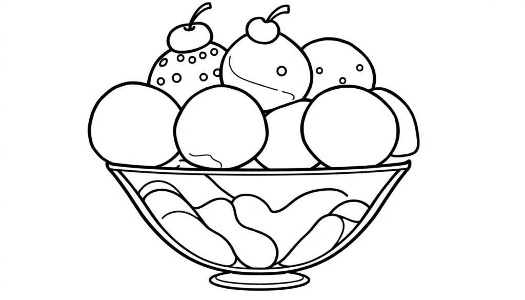 Zwart-wit kleurplaat van een ijsschaal met veel bolletjes en kersen.