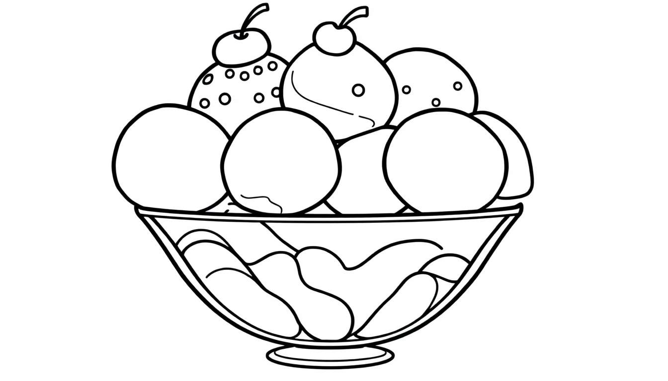 Zwart-wit kleurplaat van een ijsschaal met veel bolletjes en kersen.