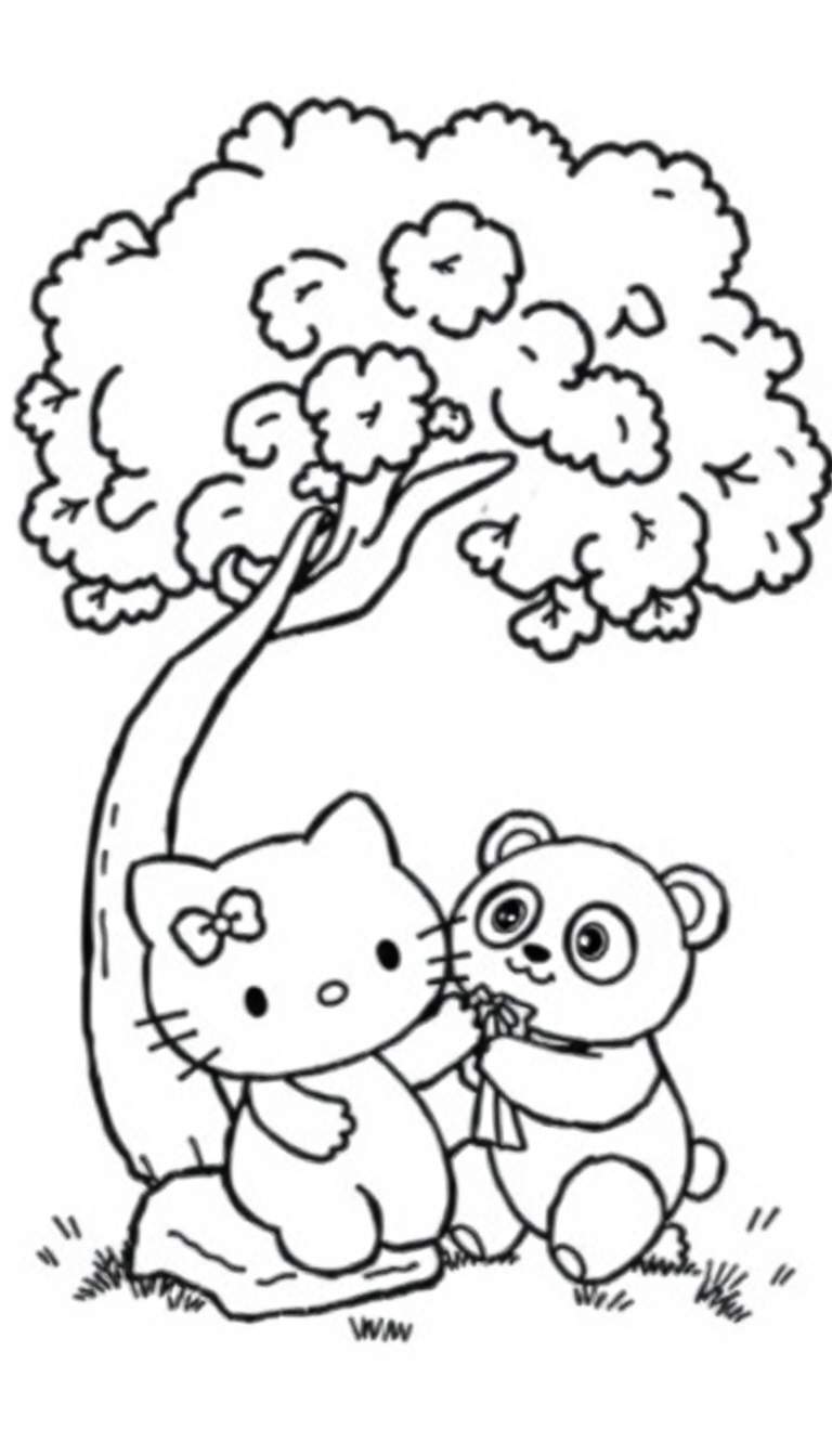 Zwart-wit kleurplaat van Hello Kitty en een panda onder een boom.