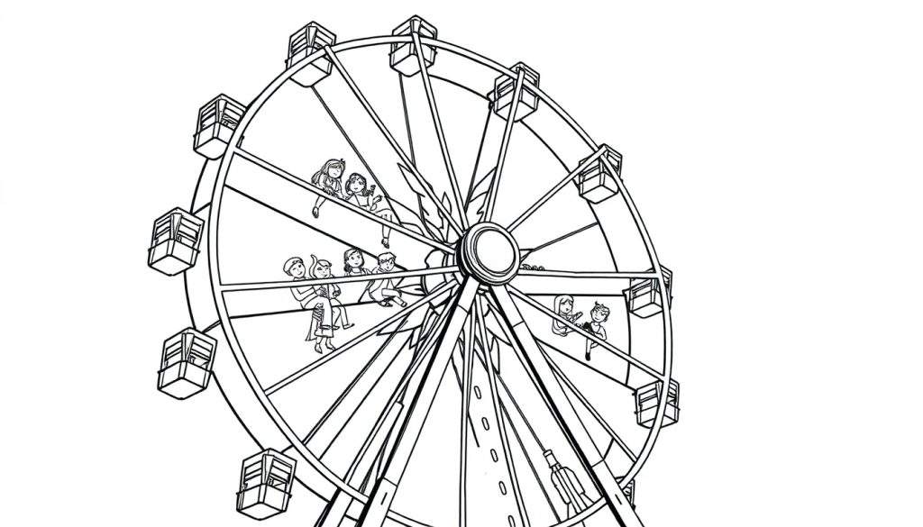 Kleurplaat van een reuzenrad met mensen in de gondels.