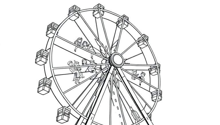 Kleurplaat van een reuzenrad met mensen in de gondels.