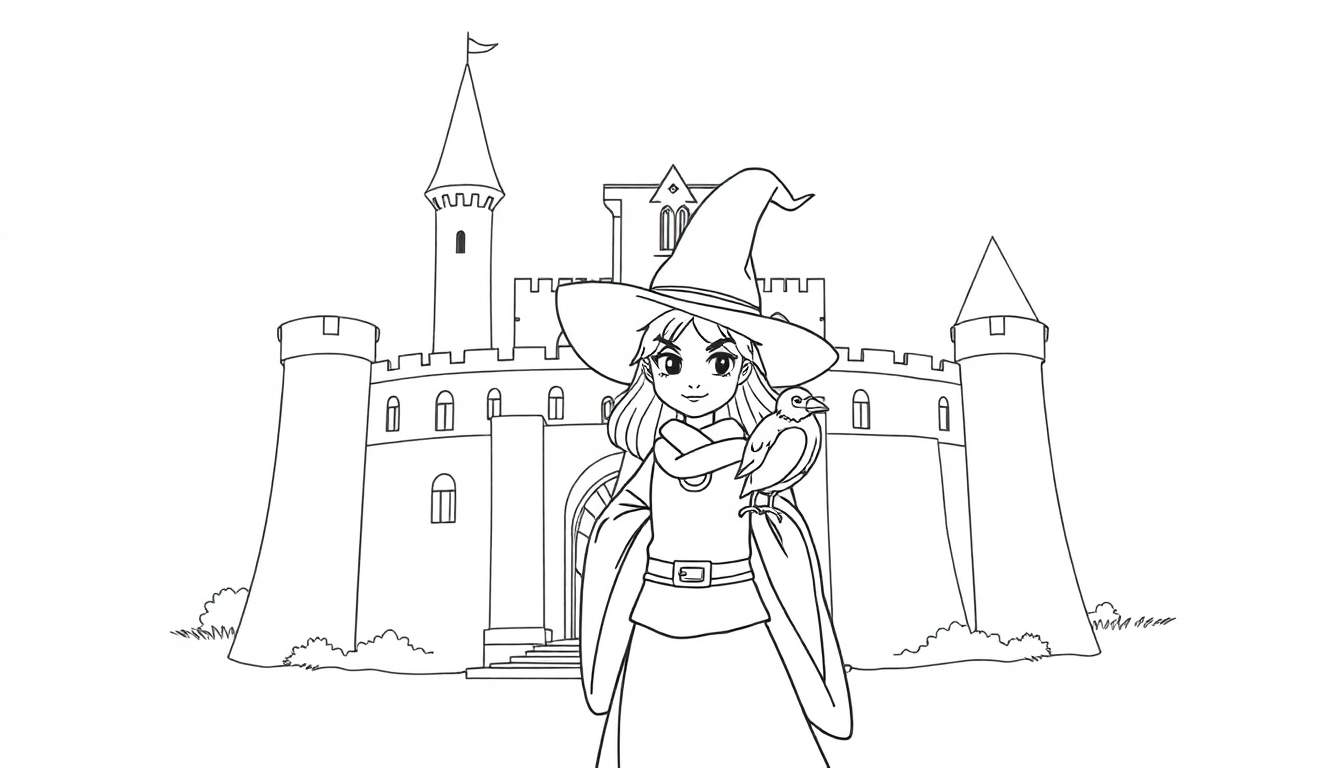 Kleurplaat: Heks met vogel voor kasteel