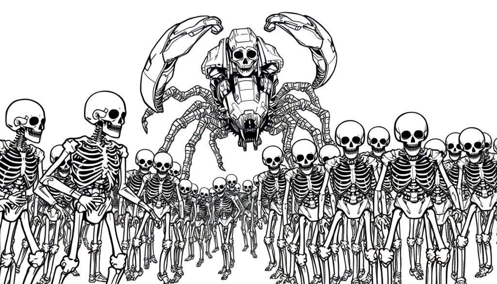 Kleurplaat van een skeletten leger met een grote robot schorpioen.