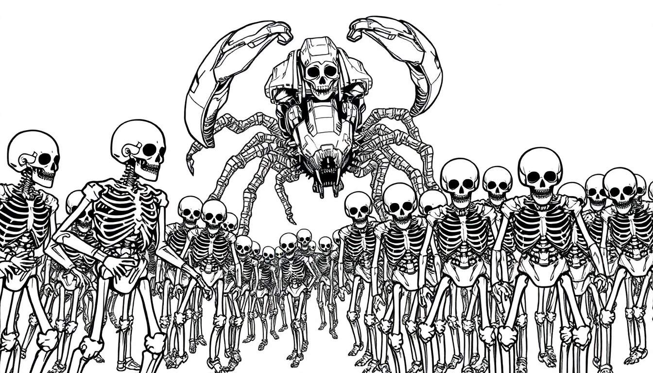 Kleurplaat van een skeletten leger met een grote robot schorpioen.