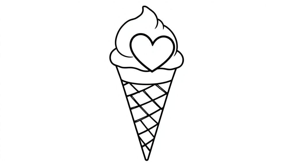 Kleurplaat van een ijshoorntje met een bol ijs en een hartje.