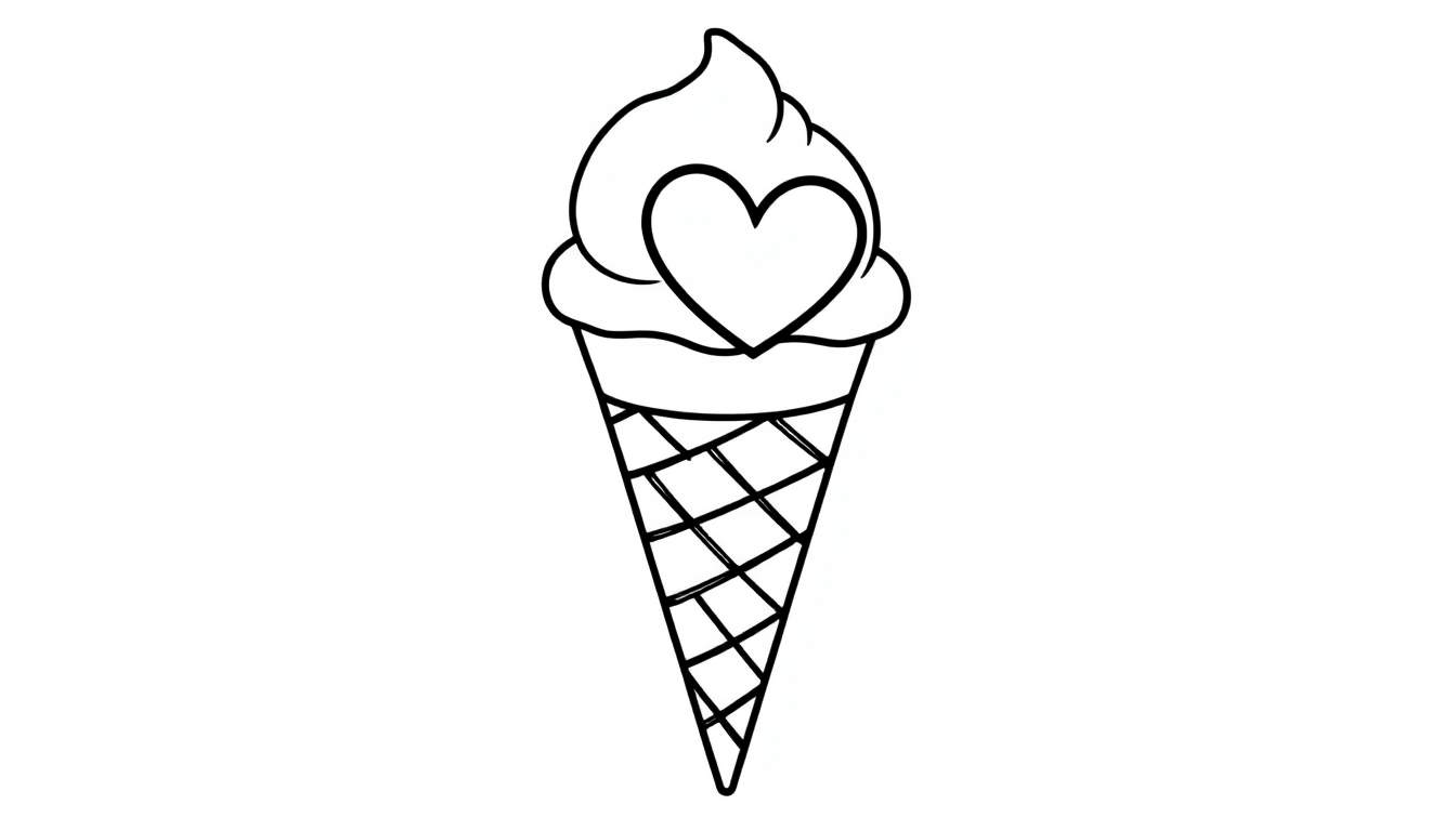 Kleurplaat van een ijshoorntje met een bol ijs en een hartje.