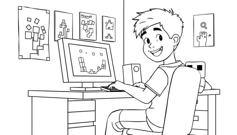 Zwart-wit kleurplaat van een lachende jongen die Minecraft speelt op een computer.