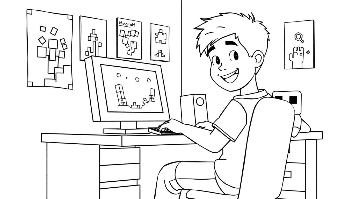 Zwart-wit kleurplaat van een lachende jongen die Minecraft speelt op een computer.
