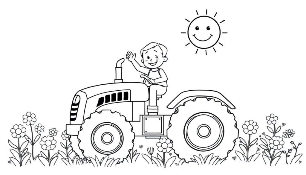 Kleurplaat van een jongen op een tractor in een bloemenveld.