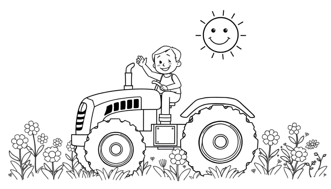 Kleurplaat van een jongen op een tractor in een bloemenveld.