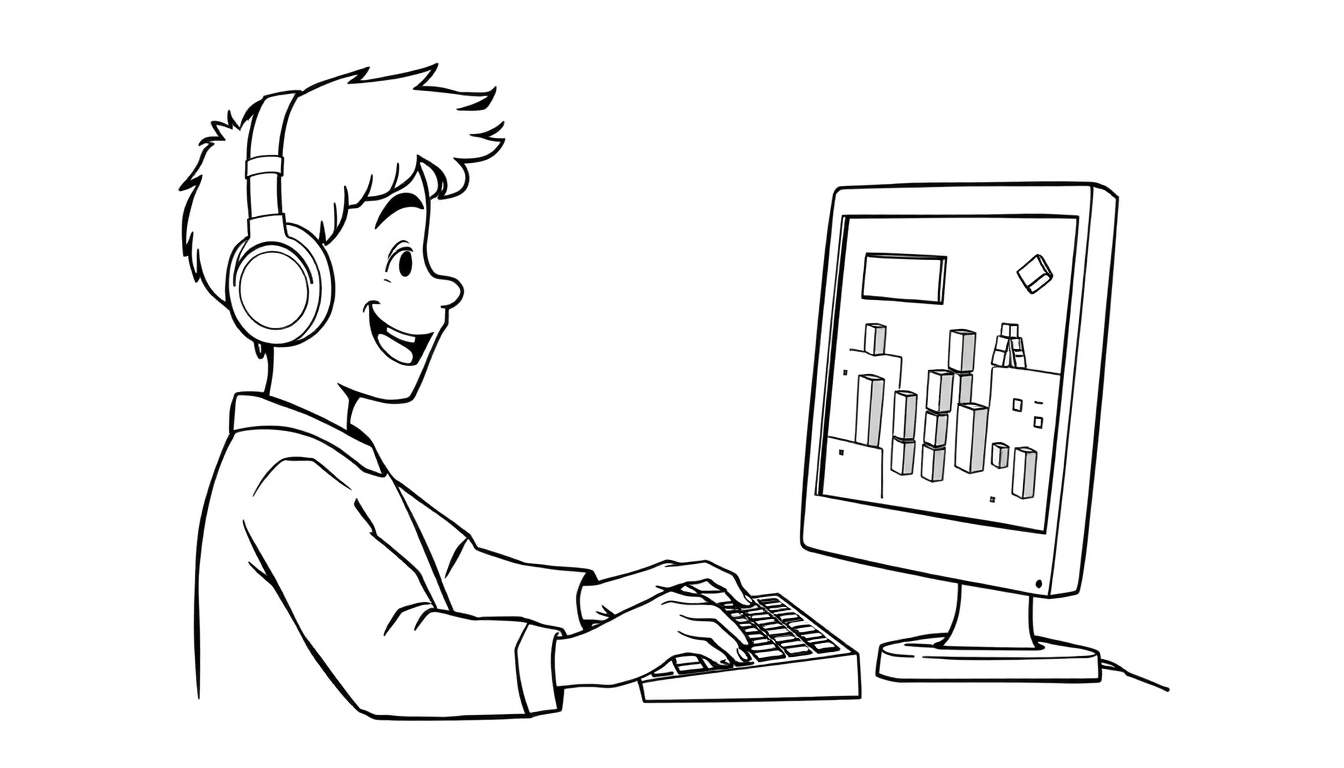 Kleurplaat van een blijde jongen die Minecraft speelt op de computer met een koptelefoon.