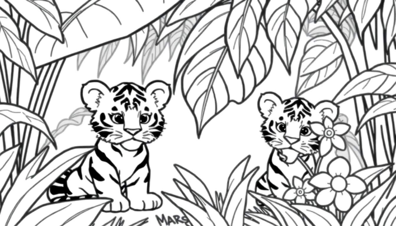 Zwart-witte kleurplaat van twee schattige tijgerwelpjes in een jungle, met bladeren en bloemen.