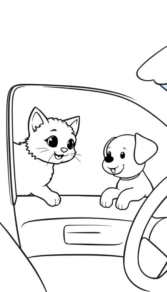 Kleurplaat van een kat en hond die uit een auto kijken.