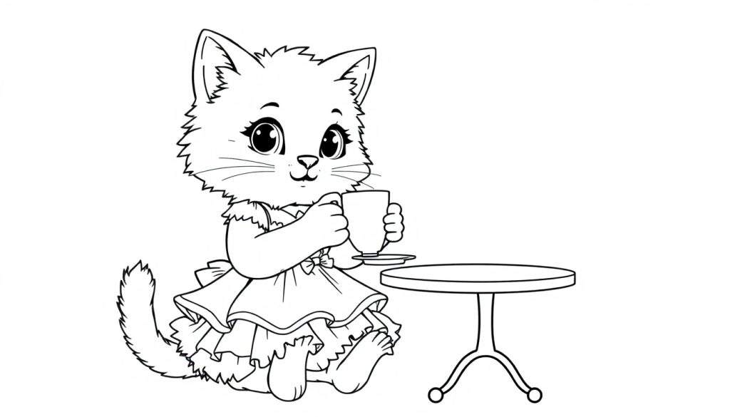 Zwart-wit kleurplaat van een schattige kat in een jurk die thee drinkt aan een tafeltje.