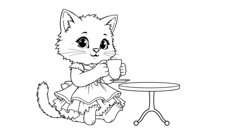 Zwart-wit kleurplaat van een schattige kat in een jurk die thee drinkt aan een tafeltje.
