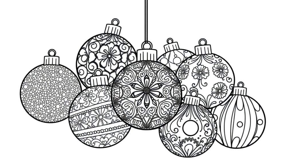 Zwart-wit kleurplaat van kerstballen met patronen.