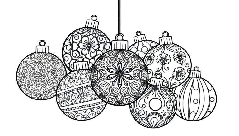Zwart-wit kleurplaat van kerstballen met patronen.