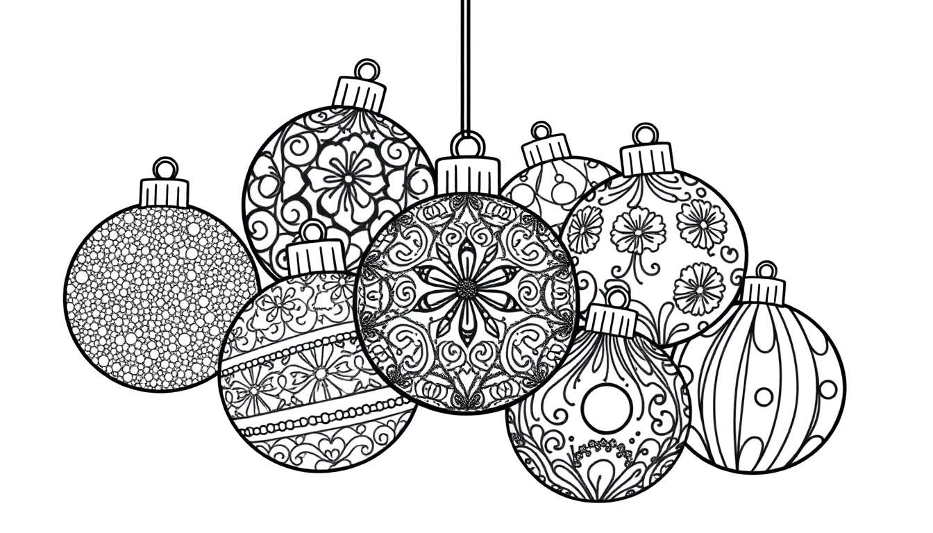 Zwart-wit kleurplaat van kerstballen met patronen.