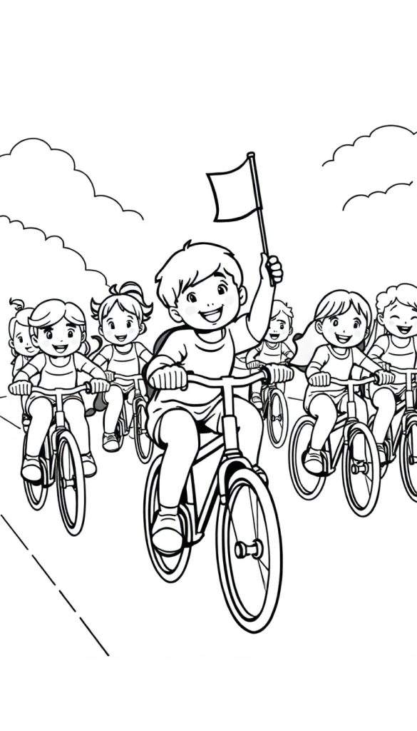 Kleurplaat van kinderen die met een vlag fietsen.