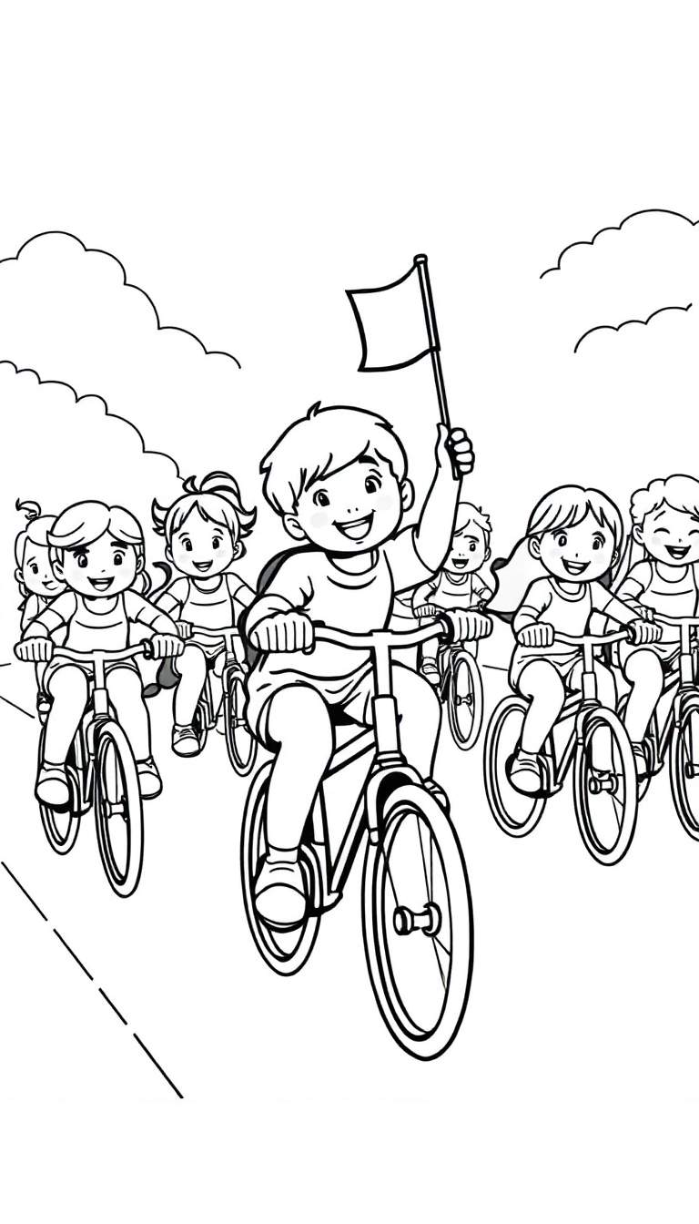 Kleurplaat van kinderen die met een vlag fietsen.