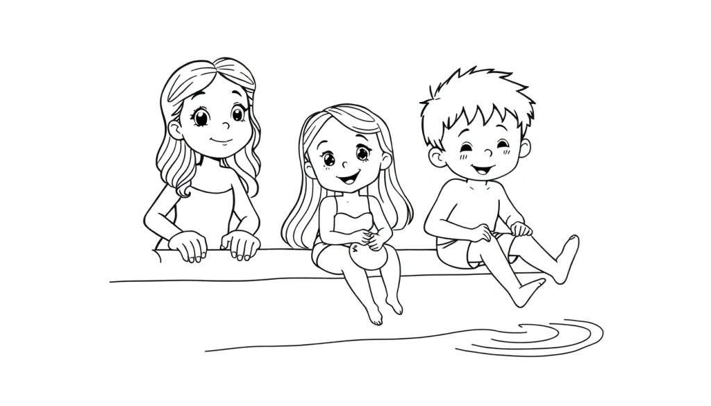 Kleurplaat van drie kinderen aan het water: twee meisjes en een jongen zitten op een muurtje, met water rond de benen van de jongen.