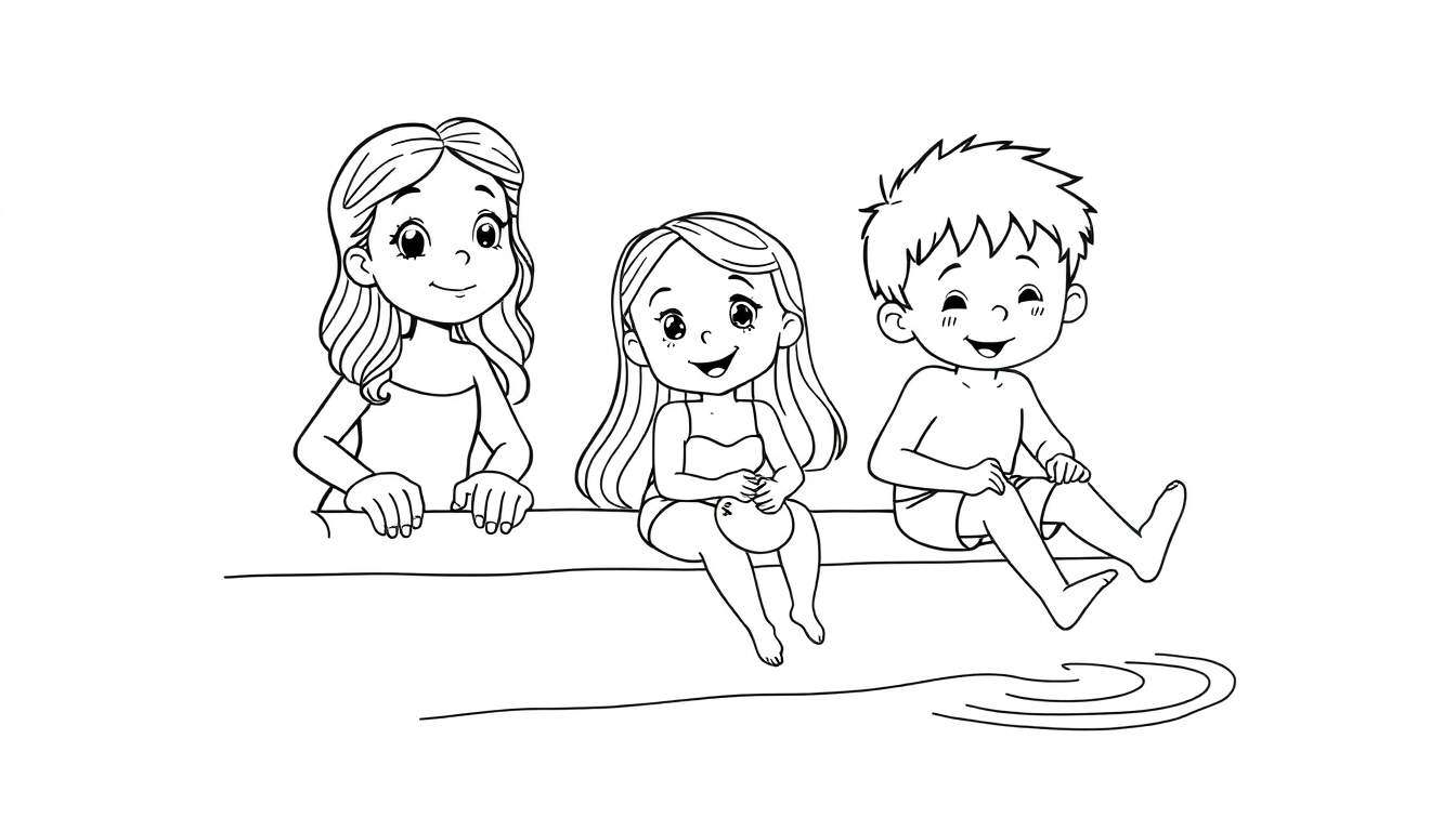 Kleurplaat van drie kinderen aan het water: twee meisjes en een jongen zitten op een muurtje, met water rond de benen van de jongen.