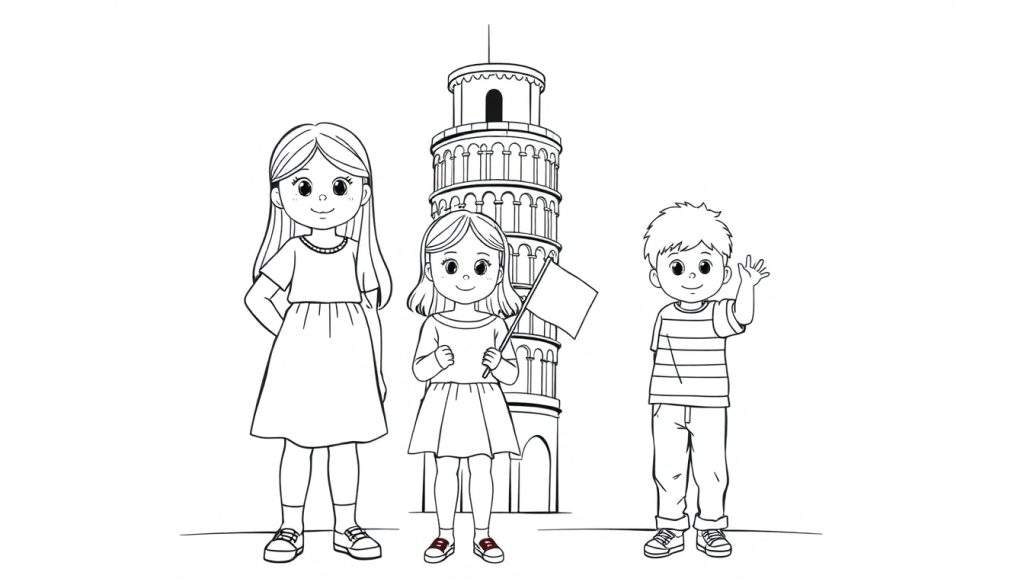 Kleurplaat van drie vrolijke kinderen bij de scheve toren van Pisa.
