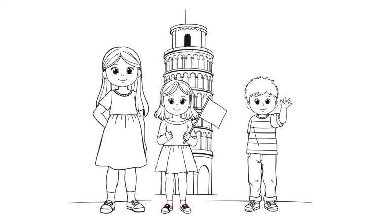 Kleurplaat van drie vrolijke kinderen bij de scheve toren van Pisa.