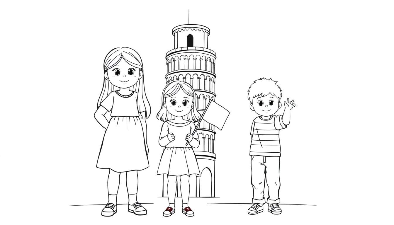 Kleurplaat van drie vrolijke kinderen bij de scheve toren van Pisa.