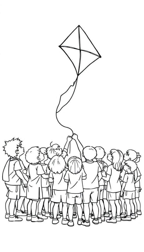 Zwart-wit kleurplaat van kinderen die een vlieger bekijken.