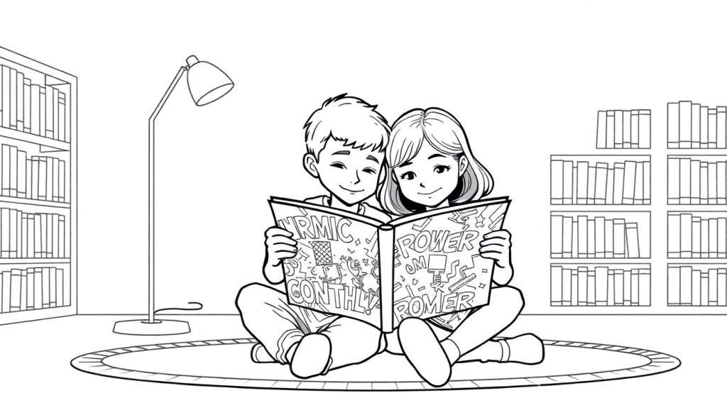 Twee kinderen genieten van een zwart-wit kleurplaat van een stripboek in een bibliotheek.