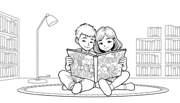 Twee kinderen genieten van een zwart-wit kleurplaat van een stripboek in een bibliotheek.