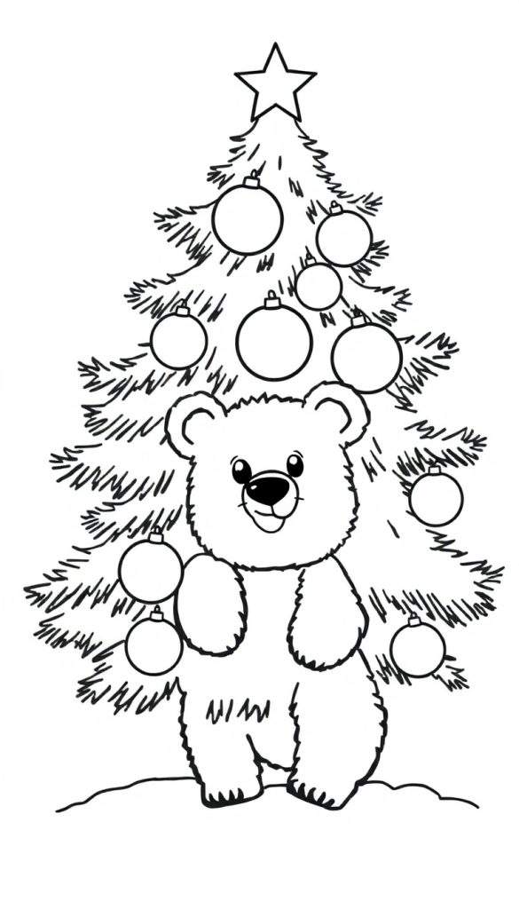 Kleurplaat van een teddybeer bij een kerstboom