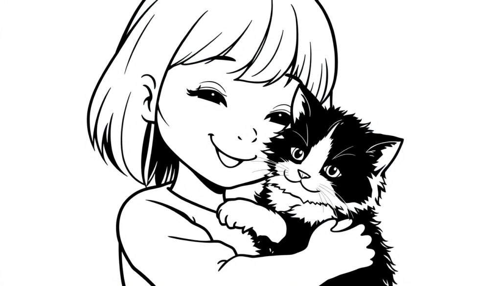 Kleurplaat van een meisje met boblijn dat een zwart-witte kat knuffelt.