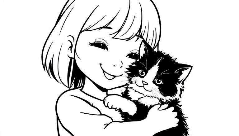 Kleurplaat van een meisje met boblijn dat een zwart-witte kat knuffelt.