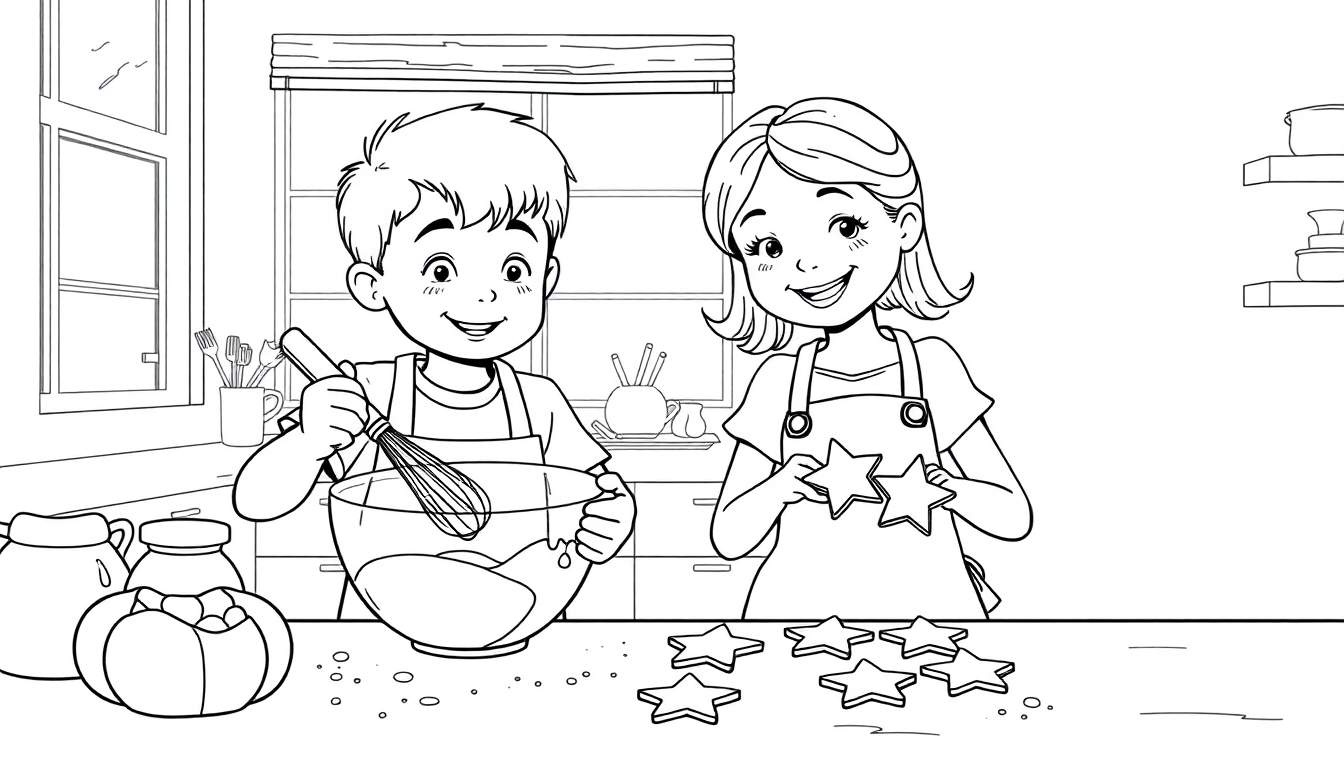 Kleurplaat van een jongen en meisje die samen koekjes bakken, met sterrenkoekjes op de toonbank.