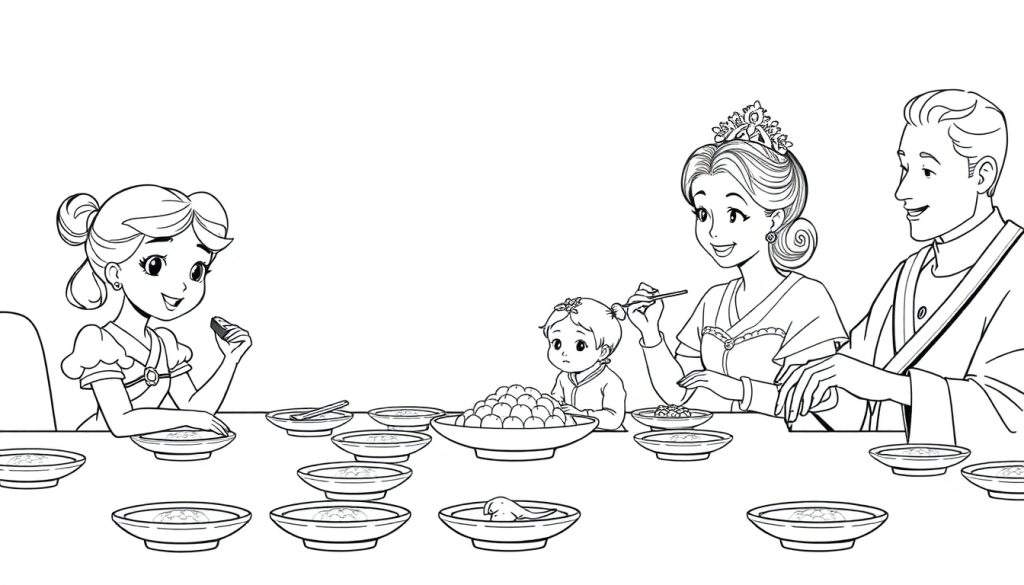 Zwart-wit kleurplaat van een koninklijke familie die dineert aan een lange tafel.