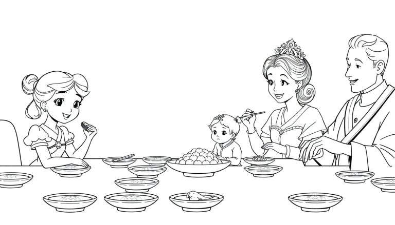 Zwart-wit kleurplaat van een koninklijke familie die dineert aan een lange tafel.