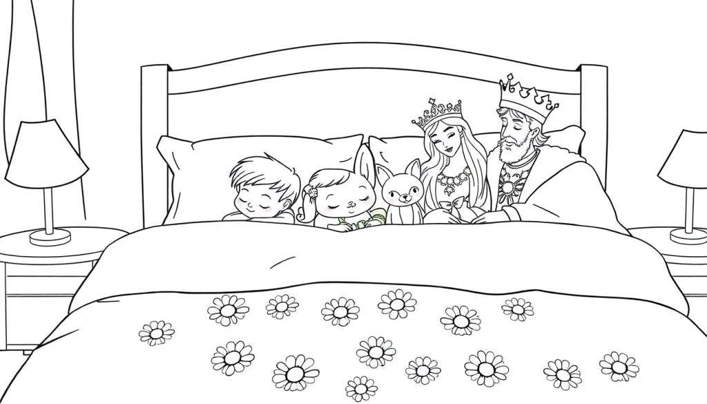 Kleurplaat van een gezin dat samen in bed ligt, met kinderen, knuffels en koninklijke figuren.