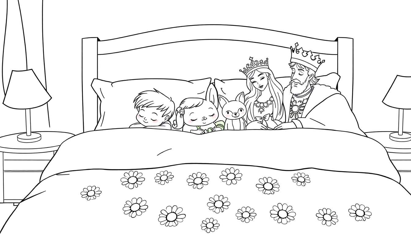 Kleurplaat van een gezin dat samen in bed ligt, met kinderen, knuffels en koninklijke figuren.