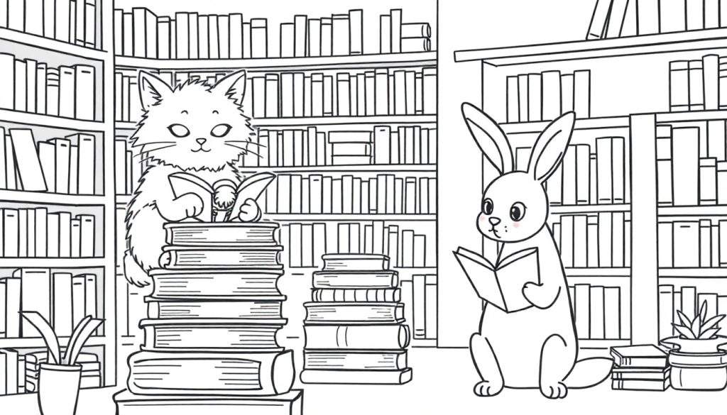 Kleurplaat van een kat en een konijn die boeken lezen in een bibliotheek.