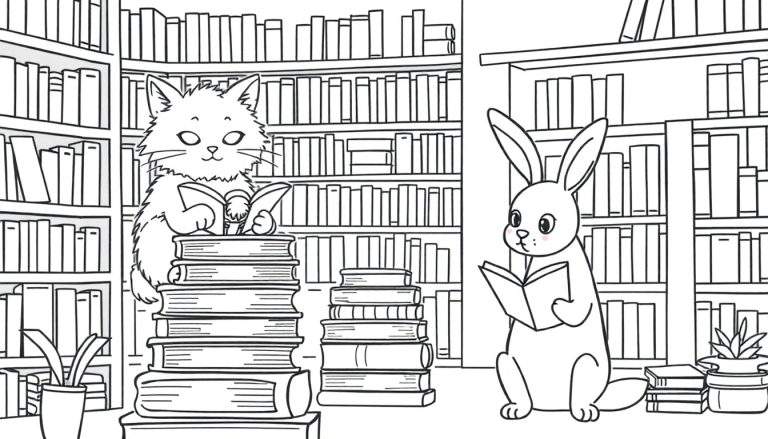 Kleurplaat van een kat en een konijn die boeken lezen in een bibliotheek.
